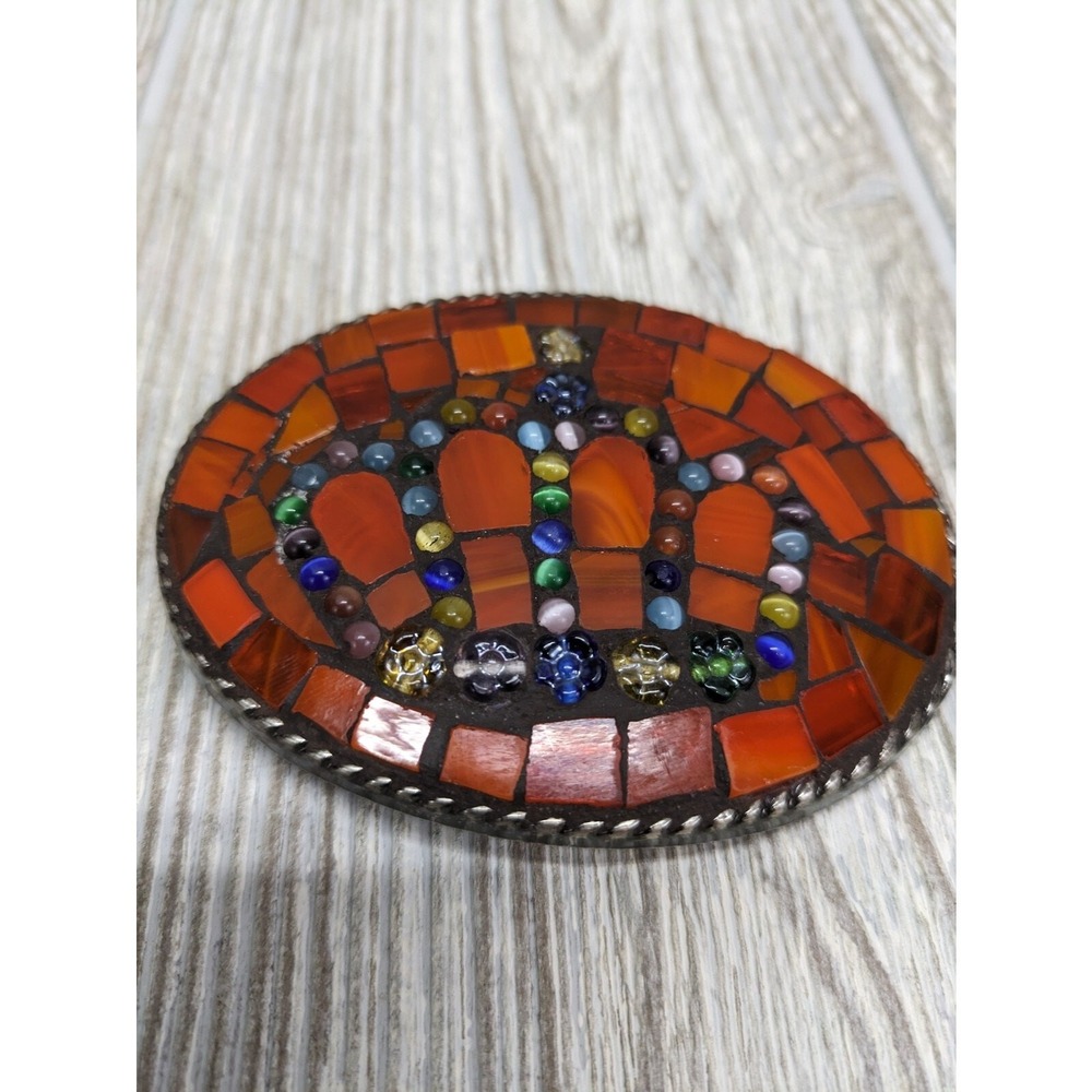 Vintage Mosaic Belt Buckle‎ Orange Glass Crown Western Southwestern Boho 70s 80s - Picture 2 of 7